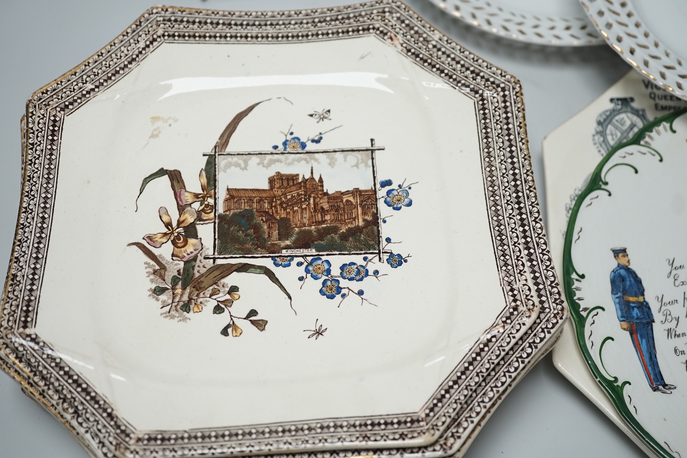 A collection of mostly late 19th and early 20th century commemorative plates, including eight octagonal plates by Wallis Gimson and Co., Balance of Payments etc.